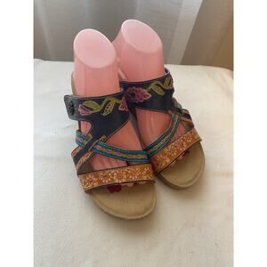 Spring Step L'Artiste Sandals Cork Wedge Floral Leather Straps Sz 40 10